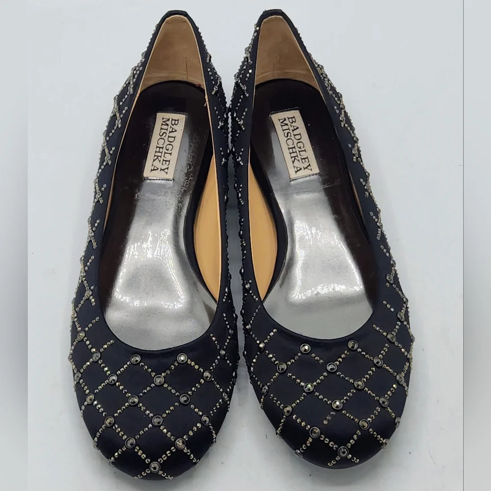 Badgley Mischka Norell Quilted Crystal Satin Flats In Black Size 7.5